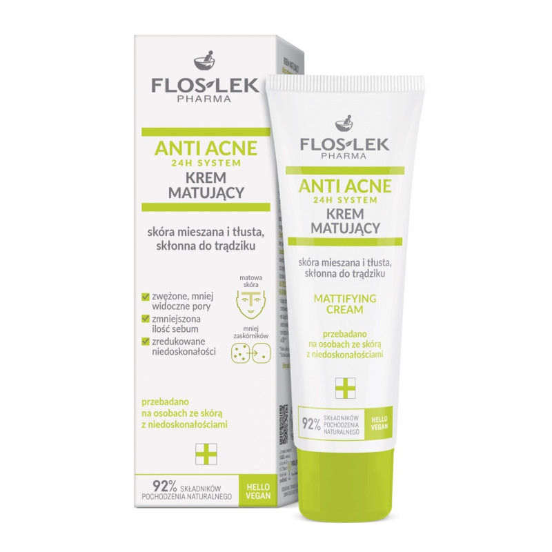 Floslek ANTI ACNE 24H SYSTEM Krem matujący do cery mieszanej,tłustej skłonnej do trądziku 50ml Floslek ANTI ACNE 24H SYSTEM Krem matujący do cery mieszanej,tłustej skłonnej do trądziku 50ml