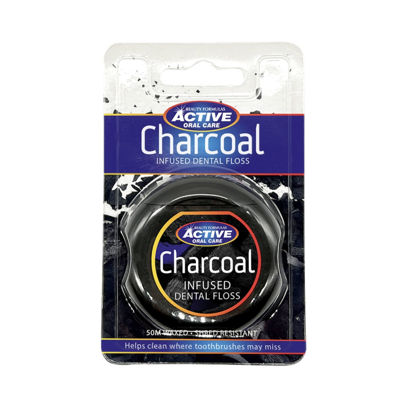 Beauty Formulas Active Oral Care Nić dentystyczna woskowana z aktywnym węglem Charcoal  1op.-50m