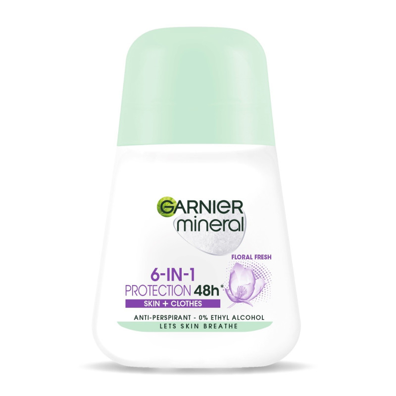 Garnier Mineral Dezodorant roll-on 6in1 Protection 48h Floral Fresh - Skin+Clothes   50ml