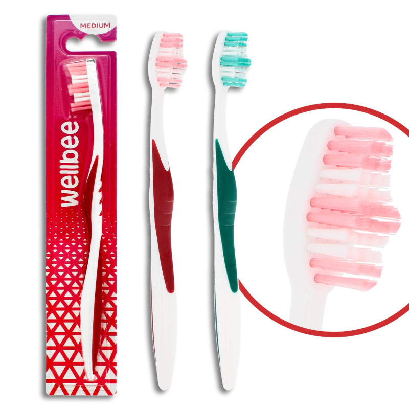 WELLBEE Szczoteczka do zębów dla dorosłych o średniej twardości (blister 2) - mix kolorów 1szt WELLBEE Szczoteczka do zębów dla dorosłych o średniej twardości (blister 2) - mix kolorów 1szt