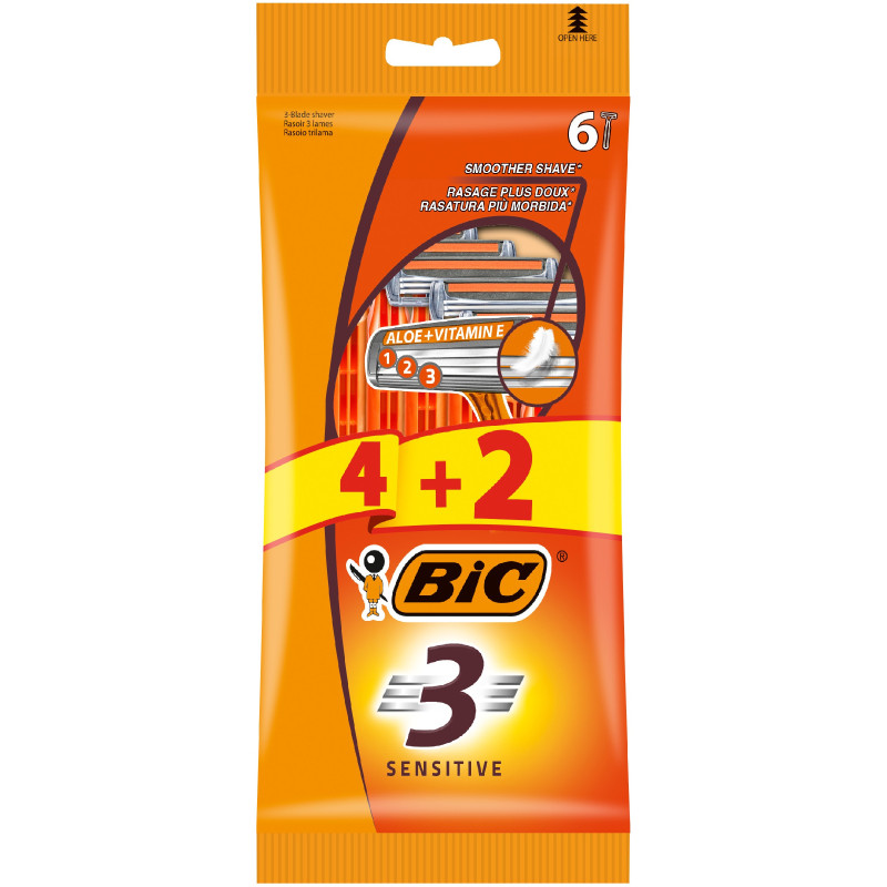 BIC Maszynki do golenia dla mężczyzn 3 ostrzowe Sensitive 1op.-6szt(4+2 gratis)