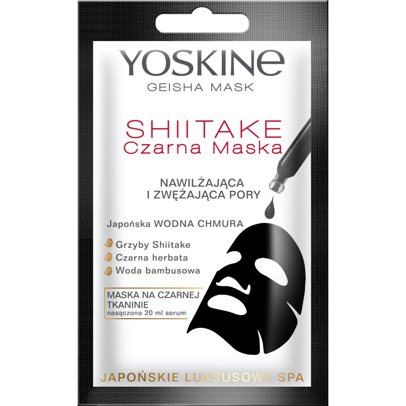 Yoskine Geisha Mask Shiitake Czarna Maska na tkaninie nawilżająca i zwężająca pory 20ml Yoskine Geisha Mask Shiitake Czarna Maska na tkaninie nawilżająca i zwężająca pory 20ml